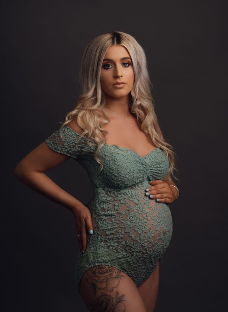 Bump to baby photoshoot in Sunderland Tyne & Wear - beautiful blonde lady in soft green